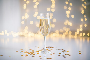 Glass of champagne sparkling on a shiny surface with golden confetti for new year 2025