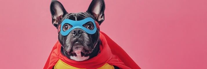 Poster - A dog dressed as a superhero, complete with a cape and mask, against a pink background.