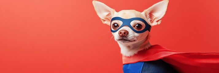 Canvas Print - A Chihuahua dressed as a superhero with a cape and mask against a red background.