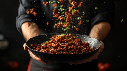 Poster - A person holds a black plate filled with seasoned food, showcasing a cooking moment.