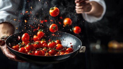 Wall Mural - A chef tossing fresh cherry tomatoes in a skillet, showcasing vibrant cooking action.