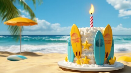 Poster - A festive beach-themed cake with surfboards and a candle, set against a sunny ocean backdrop.