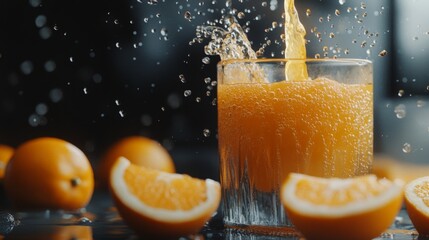 Poster - Fresh Orange Juice Splash in Glass with Slices