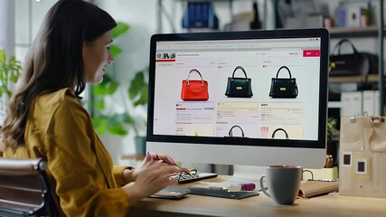 Woman shopping online from computer in modern office. Checking out various handbags on e-commerce site. Image captures the digital shopping experience and online retail. Generative AI