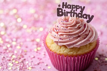 Poster - A decorated cupcake with pink frosting and a 