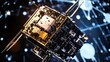 © aubriella - An extreme close-up of a quantum communication satellite payload, demonstrating secure quantum key distribution in space, Quantum communication technology style