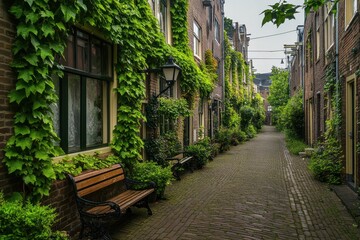 A serene, ivy-covered alleyway with benches, inviting relaxation and nature.