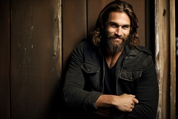 Portrait of a handsome man with a long beard and mustache in a black leather jacket on a wooden background