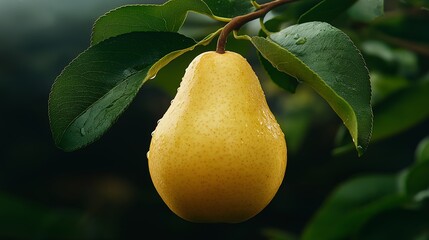 A fresh, ripe pear on the tree