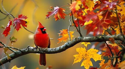 Cardinal sitting on a limb covered with fall departs its bright red color fitting in well