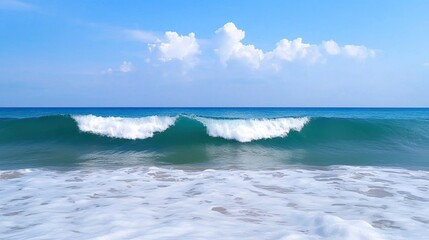 Wall Mural - A serene beach scene featuring gentle waves lapping at the shore under a clear blue sky dotted with clouds.