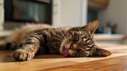 Wall Mural - Cat licking his lips while lying on his side on the kitchen table