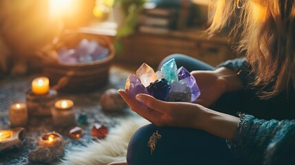 Woman Holding Crystals in Hand with Candles and Crystals in Background