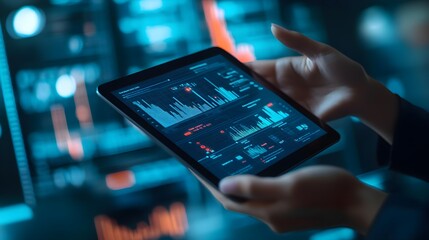 Poster - Businessman Analyzing Data on Tablet with Charts and Graphs