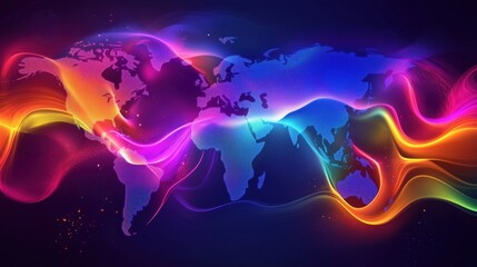 Poster - Colorful abstract world map with vibrant waves and gradients