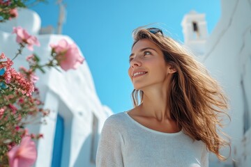 Beautiful woman enjoying summer holidays in greece, mykonos island