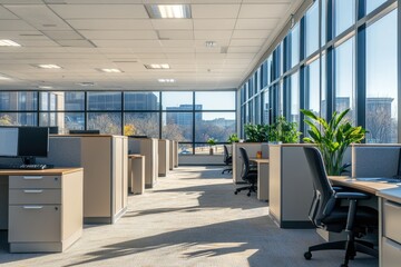 Poster - Sunlight shines through the windows of a modern open space office with rows of cubicles