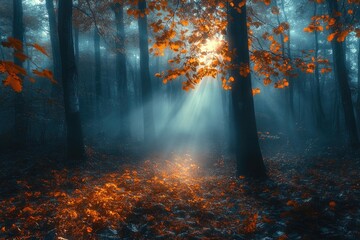 Wall Mural - Sun shining through fog and trees in autumn forest