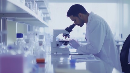 Poster - Scientist examining samples under microscope in laboratory, focused research