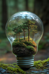 trees in inside a light bulb, nature in the background,