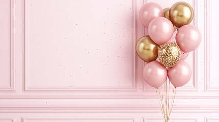 Sophisticated balloon and confetti decor pink and gold balloon arrangement with sparkling confetti, set in an elegant pastel pink room, glamorous celebration theme, ultra-HD