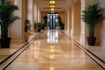 Aufkleber - Long empty corridor with ornamental plants and shiny marble floor