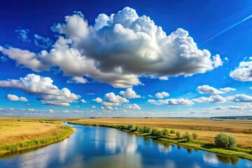 Wall Mural - floating spring clouds on a blue sky in a partly cloudy sky over the steppe and river Extreme Close-Up