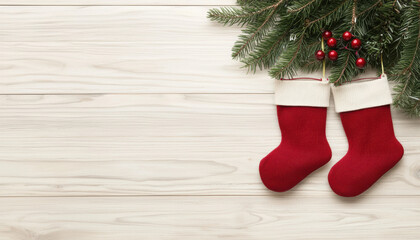 A festive image featuring two red Christmas stockings adorned with greenery and berries, set against a light wooden backdrop.