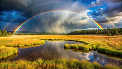 Wall Mural - double rainbow in marshy area of lassen county california