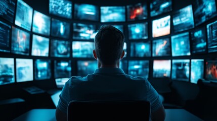 Person monitoring multiple screens, showcasing technology and surveillance in a modern control room setting.