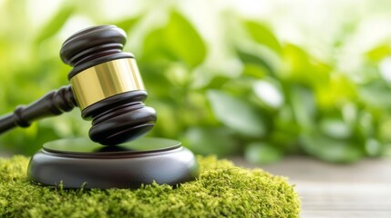 Close-up of a gavel on a moss-covered surface, bright green leaves in the background, focusing on green law and carbon regulations