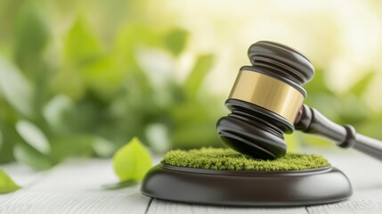 Close-up of a gavel on a moss-covered surface, bright green leaves in the background, focusing on green law and carbon regulations