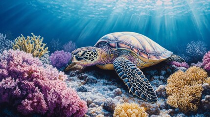 Poster - Vibrant Sea Turtle Among Colorful Coral Reefs