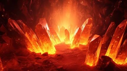 Poster - glowing crystals in lava cave, vibrant orange light, jagged formations