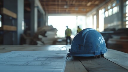 Poster - Helmet resting near construction blueprints on a wood table, with workers visible in the distance
