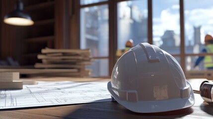 Poster - Helmet resting near construction blueprints on a wood table, with workers visible in the distance