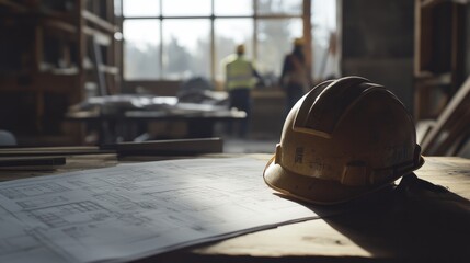 Poster - Helmet resting near construction blueprints on a wood table, with workers visible in the distance
