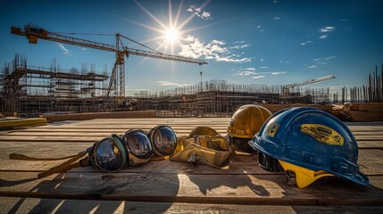 Poster - Safety gear on a wood table, with cranes and a partially built structure under clear skies