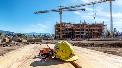 Poster - Safety gear on a wood table, with cranes and a partially built structure under clear skies