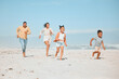 © peopleimages.com - Freedom, running and solidarity with family at beach for travel destination, summer or vacation. Relax, tropical and adventure with parents and children for holiday, bonding and happiness together