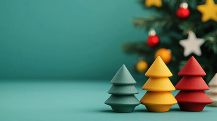 Colorful decorative Christmas trees in green, yellow, and red on a teal background, with a festive tree adorned with ornaments behind them.