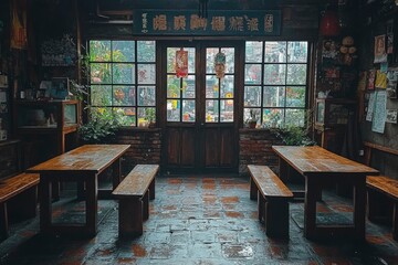 Two Wooden Tables and Benches in a Dimly Lit Room with a Large Window