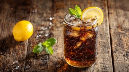 Poster - Refreshing Drink with Mint and Lemon on Wooden Surface