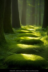 Wall Mural - A peaceful pathway through the forest is highlighted by bright green moss and dappled sunlight filtering through tall trees, creating a serene atmosphere