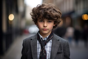 Portrait of a young boy with curly hair in the city.