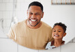 © Abrahams/peopleimages.com - Bathroom, smile in mirror and dad with child in home for dental hygiene, brushing teeth or cleaning. Health, family and father with kid for learning oral care, wellness or grooming in morning routine