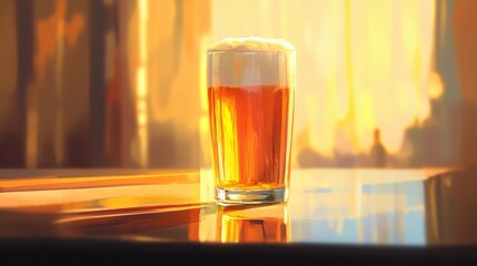 Poster - Refreshing Glass of Beer on a Table at Sunset