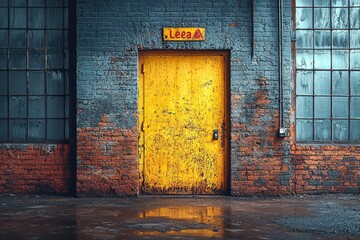 Wall Mural - Weathered Yellow Door in a Brick Wall with a Warning Sign