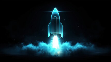 Poster - Rocket launch with glowing blue flames and smoke, futuristic design