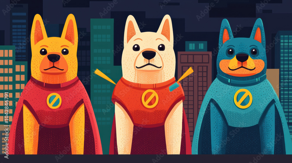 Superhero dogs standing proudly in city skyline, ready to fight crime ...